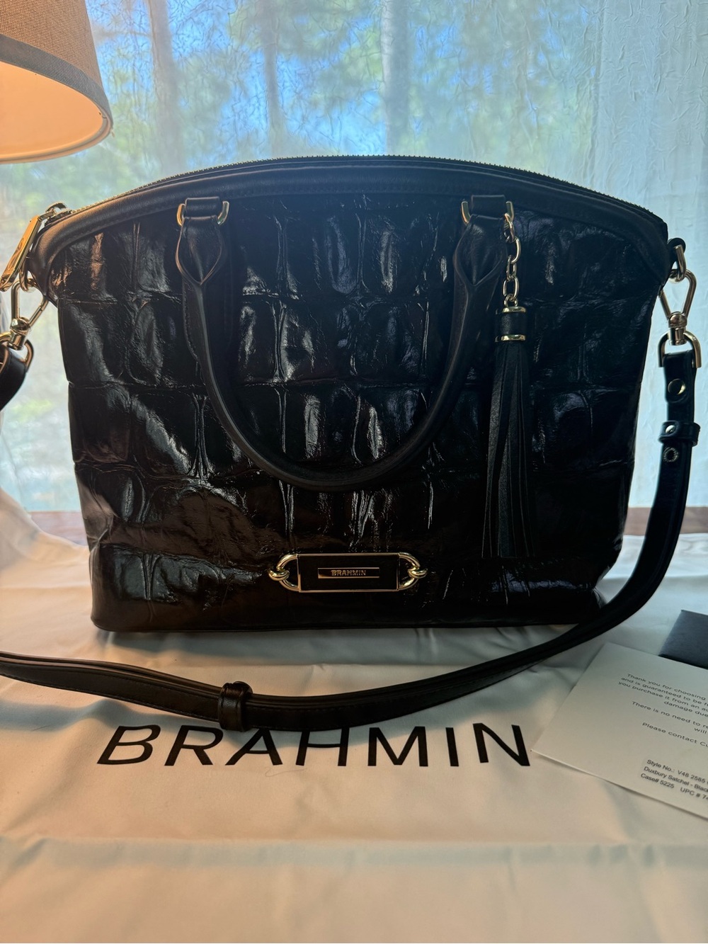 Brahmin Black Croc-Embossed Patent Satchel with Tassel